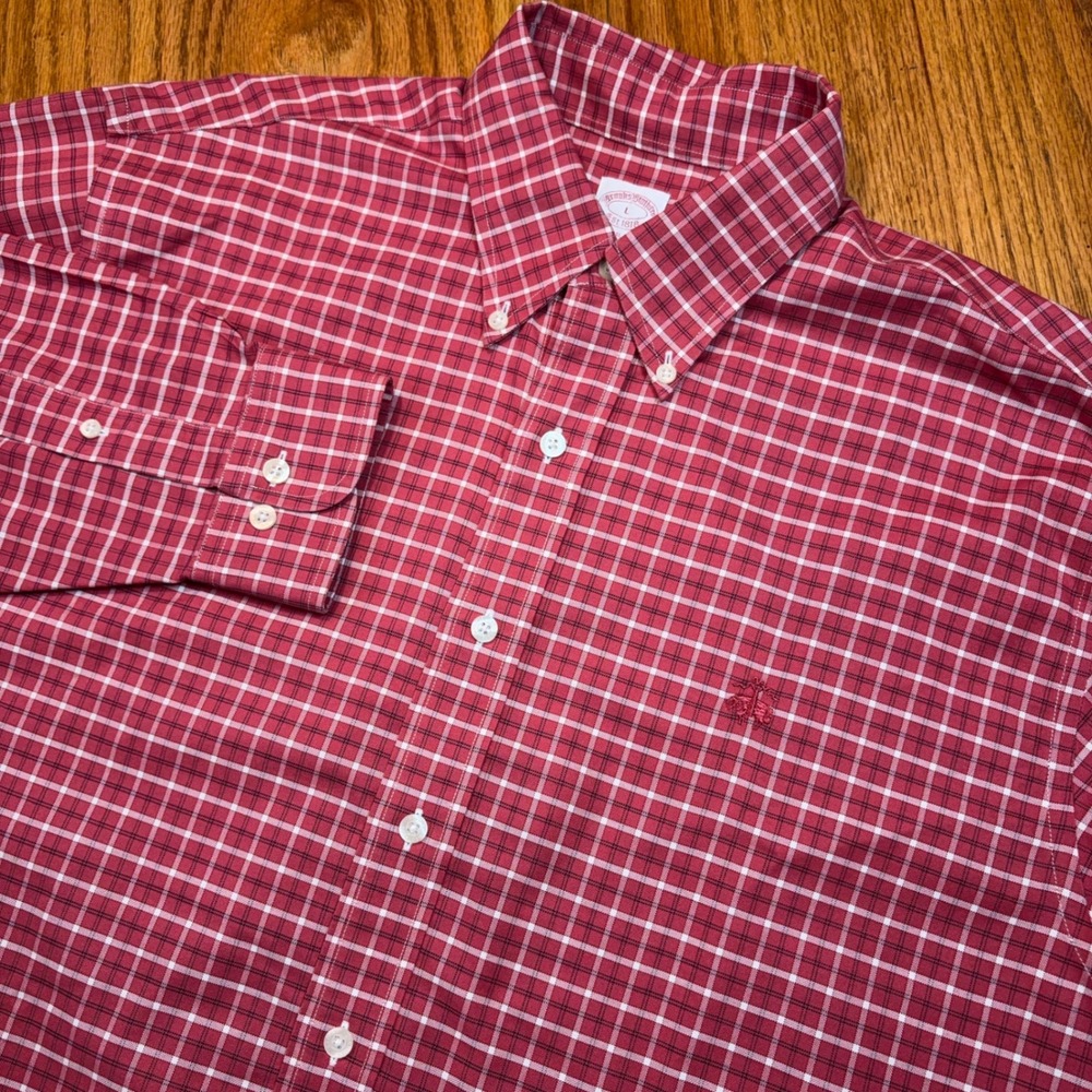Brooks Brothers Oxford Shirt Mens L Red Check Non-Iron Supima Cotton Button Down